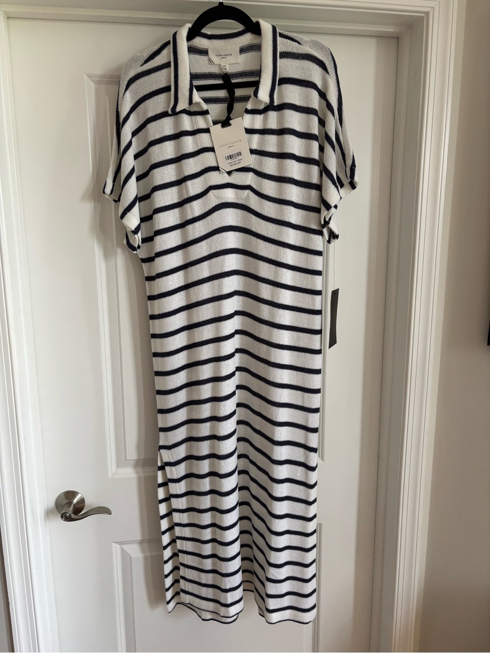 Pomander Place White and Navy Striped Maxi Polo Dress